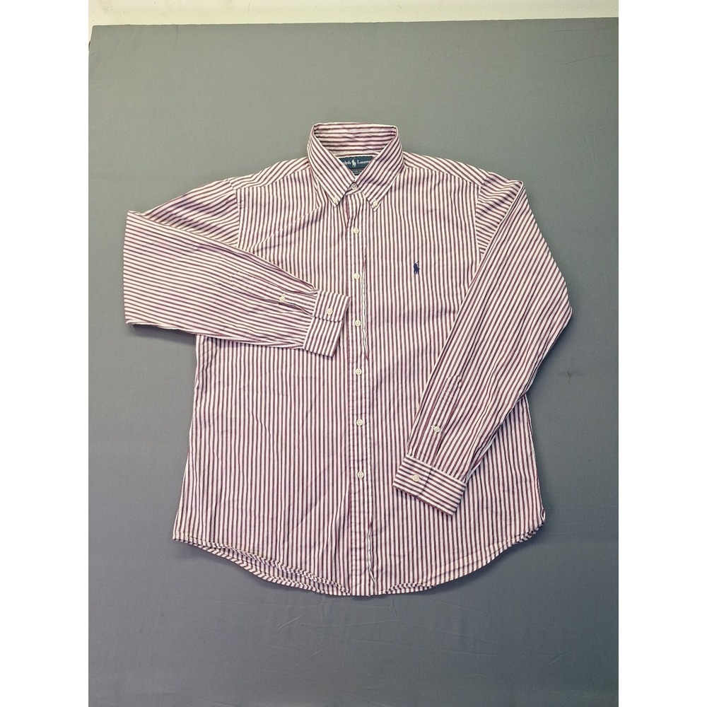 Polo Ralph Lauren Button Down Mens Large Maroon Striped Custom Fit Preppy Office - Picture 2 of 8